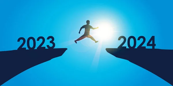 Man Jumping Cliff 2023 2024 Sunny Blue Background Vector Illustration — Stock Vector