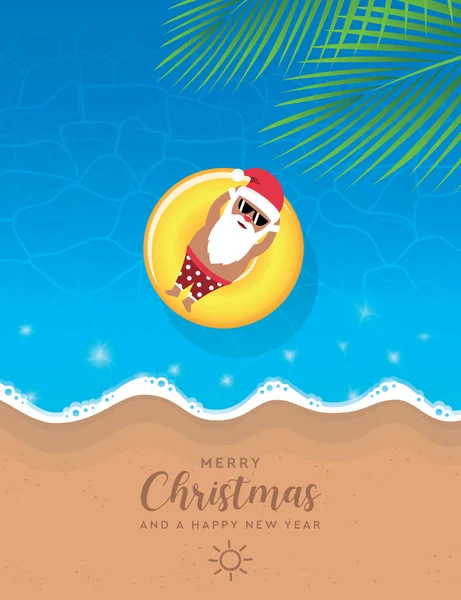 ビーチのクリスマスデザインベクトルイラストで水上のフロートリングでリラックスしたかわいいサンタクラス Eps10 — ストックベクタ
