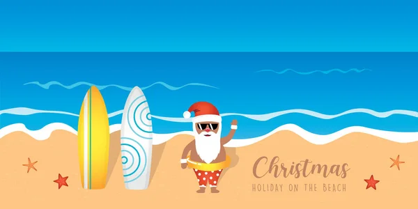 Mignon Père Noël Sur Plage Avec Planches Surf Noël Vacances — Image vectorielle