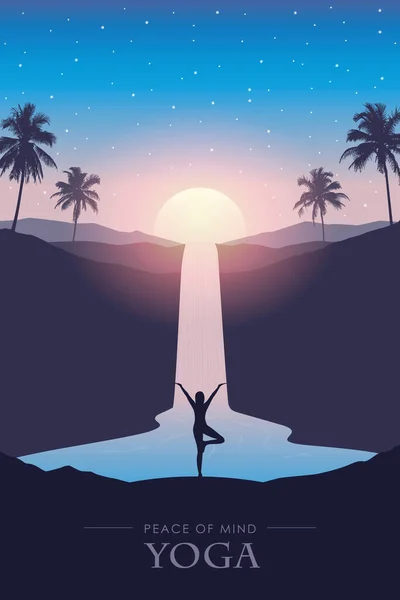 Paz Mente Yoga Bajo Cascada Río Paisaje Tropical Hermosa Ilustración — Vector de stock