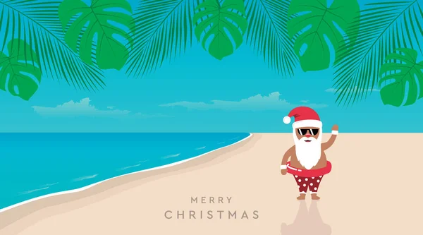 Carino Santa Con Occhiali Sole Sulla Spiaggia Paradiso Estate Natale — Vettoriale Stock