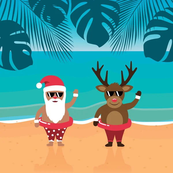 Ładny Mikołaj Jeleń Okularami Przeciwsłonecznymi Rajskiej Plaży Lato Boże Narodzenie — Wektor stockowy