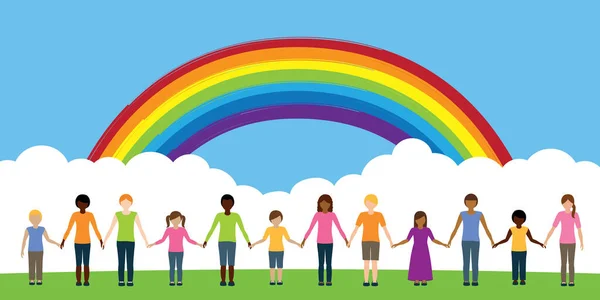不同肤色的快乐儿童手牵手在彩虹矢量图Eps10下 — 图库矢量图片