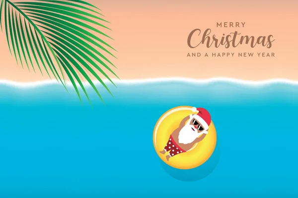 Słodkie Santa Claus Relaks Pływak Pierścień Wodzie Plaży Boże Narodzenie — Wektor stockowy