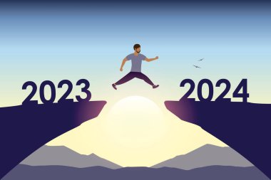 2023 'ten 2024' e kadar bir uçurumdan atlayan adam mutlu yeni yıl vektör illüstrasyonu EPS10