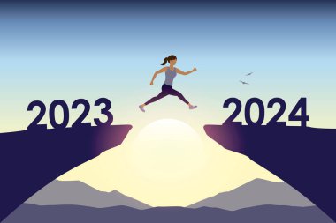 2023 'ten 2024' e kadar uçurumdan atlayan kadın mutlu yeni yıl vektör illüstrasyonu EPS10