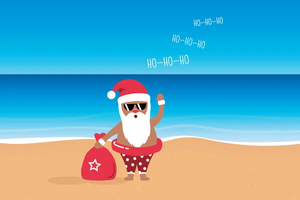 Carino Santa Con Occhiali Sole Sulla Spiaggia Paradiso Estate Natale — Vettoriale Stock