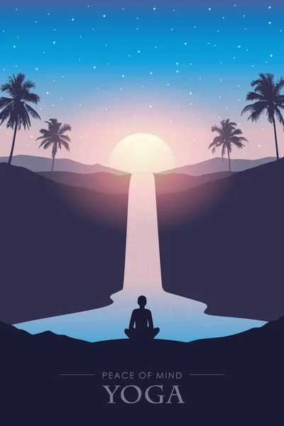 Peace Mind Yoga Waterfall River Tropical Landscape Beautiful Sunset Vector — Stock Vector