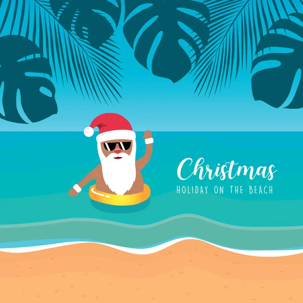 可愛いサンタとサングラスでフロートリングでビーチクリスマス休暇ベクトルイラスト Eps10 — ストックベクタ