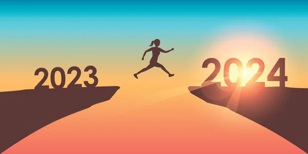 Woman Jumping Cliff 2023 2024 Sunny Blue Background Vector Illustration Vector Graphics