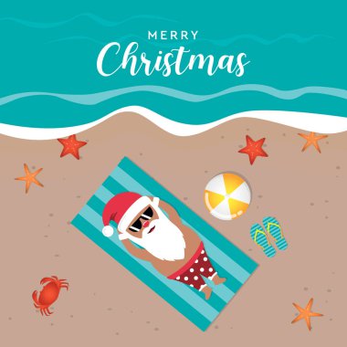 Plajda uzanan şirin Noel Baba palmiye ağacı çizimi EPS10 'un altında.