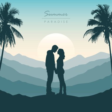 Birbirine aşık çiftler, tropikal palmiye arkaplan çiziminde cennette balayı silueti.