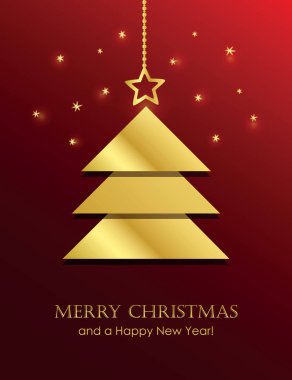 Altın köknar ağacı illüstrasyonlu Noel tebrik kartı.