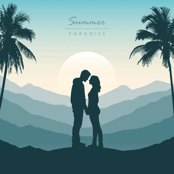Cuplu Dragoste Silueta Luna Miere Paradis Fundal Tropical Palmier Ilustrare Grafică vectorială