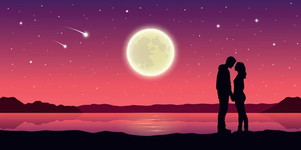 Cuplu Romantic Noapte Îndrăgostit Lac Lună Plină Stele Care Încadrează Vector de stoc