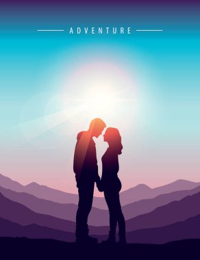 Çift dağ manzarası üzerinde güzel gün batımı vektör illüstrasyon EPS10