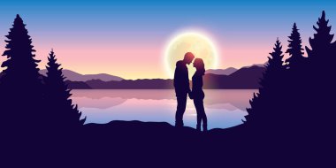 Genç çift dolunay için güzel göl vektör çizim Eps10 görünüyor.