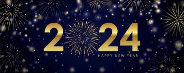 Mutlu yıllar 2024 tebrik kartı altın havai fişek vektörü illüstrasyonu EPS10
