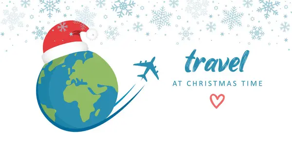 Călătorie Timp Crăciun Avion Glob Ilustrație Vectorială Margine Fulgi Zăpadă Vectori de stoc fără drepturi de autor