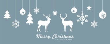 Asılan süslemeli ve geyik vektör resimli mutlu noel tebrik kartları