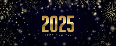 Mutlu yıllar 2025 tebrik kartı altın havai fişek vektörü illüstrasyonu EPS10