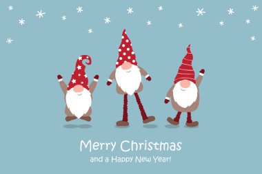 Noel tebrik kartı ve kışın vektör illüstrasyonunda şirin noel cücesi.