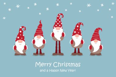 christmas greeting card with cute christmas dwarf in winter vector illustration clipart