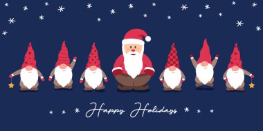 Noel tebrik kartında şirin noel cücesi ve noel baba vektör illüstrasyonu var.