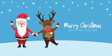 Noel Baba ve geyik karakterleri vektör illüstrasyonlu şirin Noel tebrik kartı