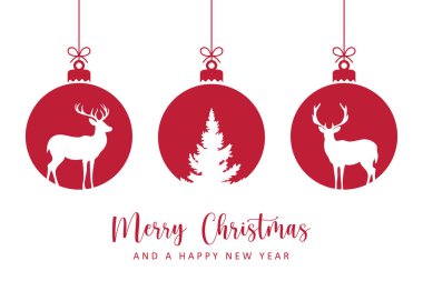 Dekoratif Noel baloları ve ren geyiği illüstrasyonlu Noel tebrik kartı.