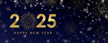 Mutlu yıllar 2025 tebrik kartı altın havai fişek vektörü çizimi