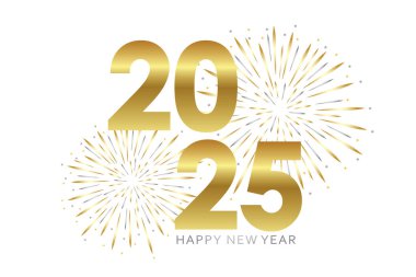 Altın ve gümüş havai fişek vektörü illüstrasyonlu yeni yıl tebrik kartı 2025