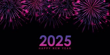 Mutlu yıllar 2025. Gece arkaplanındaki pembe havai fişek tebrik kartı illüstrasyonu