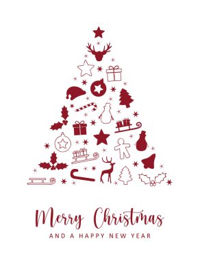 Dekoratif köknar ağacı illüstrasyonlu Noel tebrik kartı