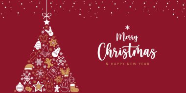 İçinde kar tanesi köknar ağacı illüstrasyonu olan Noel tebrik kartı.