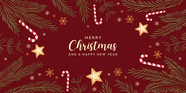 Noel tebrik kartı, köknar dalları zencefilli ekmek yıldızı ve şeker kamışı çizimi.