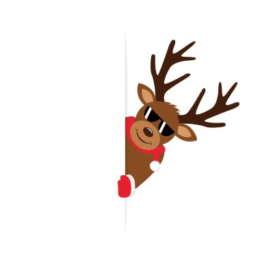 Güneş gözlüklü sevimli geyik köşedeki Noel tasarım vektörü çizimine bakıyor.