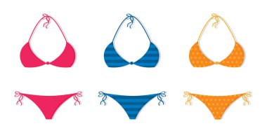Farklı desenlere sahip üç bikini izole edilmiş vektör çizimi