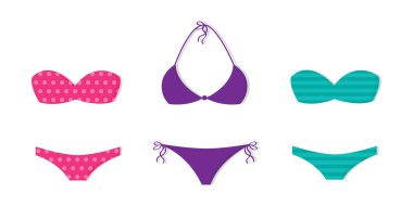 Farklı desenlere sahip üç bikini izole edilmiş vektör çizimi