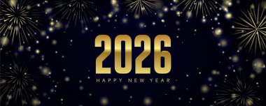 Mutlu yıllar 2026 tebrik kartı altın havai fişek vektörü illüstrasyonu EPS10