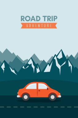 Dağ manzarası illüstrasyonunda vahşi araba yolculuğu macerası.