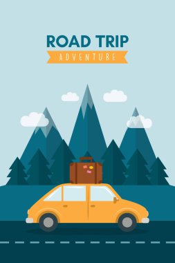 Dağ manzarası illüstrasyonunda vahşi araba yolculuğu macerası.