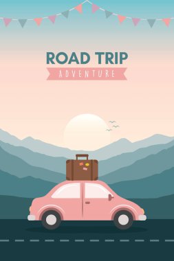 Dağ manzarası illüstrasyonunda vahşi araba yolculuğu macerası.
