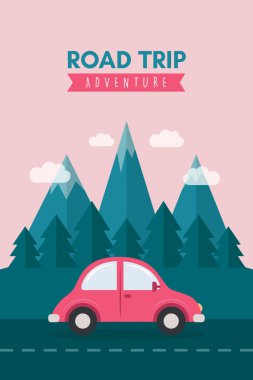 Dağ manzarası illüstrasyonunda vahşi araba yolculuğu macerası.