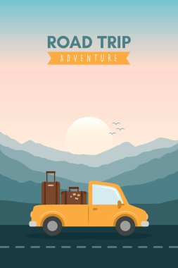 Dağ manzarası illüstrasyonunda vahşi araba yolculuğu macerası.