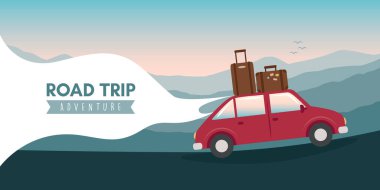 Dağ manzarası illüstrasyonunda vahşi araba yolculuğu macerası.