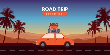 Tropikal manzara vektör illüstrasyonu üzerine vahşi araba yolculuğu macerası.