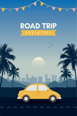 Tropikal manzara vektör illüstrasyonu üzerine vahşi araba yolculuğu macerası.