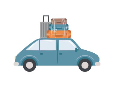 Çatıda bavulları olan araba izole edilmiş vektör çizimi