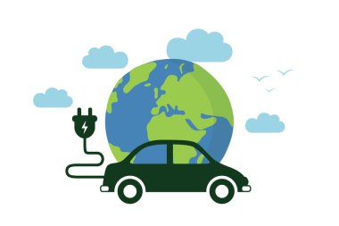 Dünya arkaplan vektör illüstrasyonunda şarj edilmiş elektrikli araba